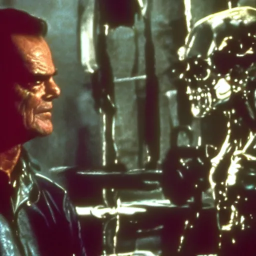 Image similar to Jack Nicholson plays Terminator, scene where his endoskeleton gets exposed