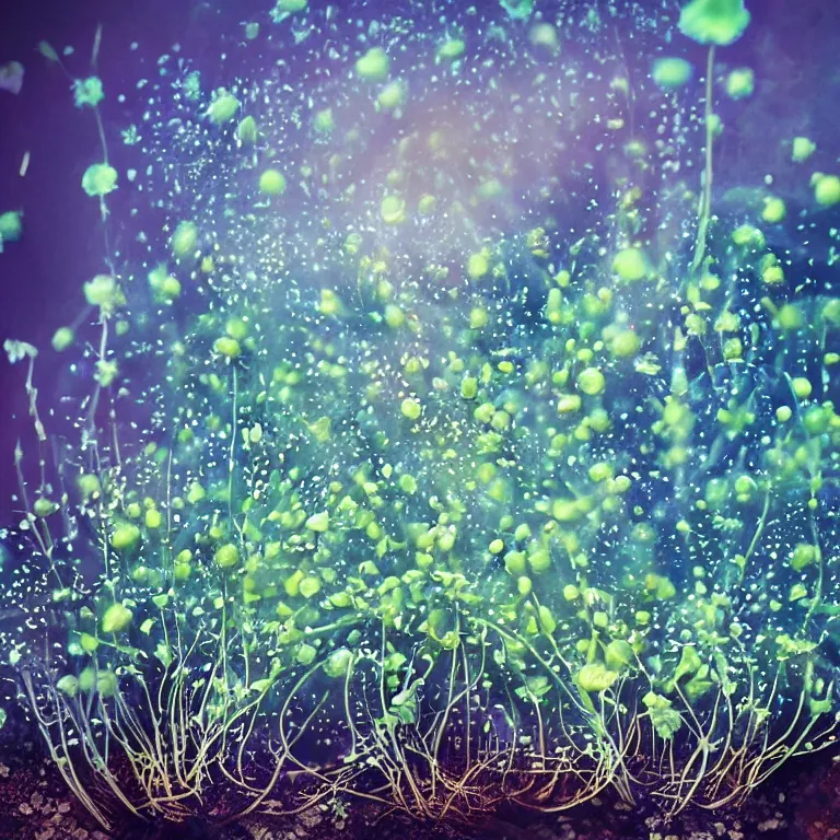 Image similar to double exposure of dally life, symbols of live, explosion, different sprouts and microgreens on mushrooms, cyber mushroom city, mushroom matrix, love is the most relevant theme, 8 k resolution, artistic mode, artistic, trending on instagram, long exposure, love art, serious, fantasy and dreams vibes, mushrooms style and macro style, spring vibes in twilight or sunset lights