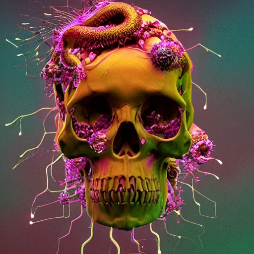 Image similar to a human Skull mutating into flowers, tentacles, unnatural shapes, jellyfish tentacles reaching out, coherent human Skull, insect, chaotic octane render, 3d digital art by beeple, unreal engine 5, award winning,