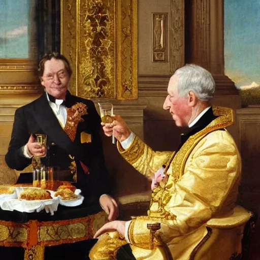 Prompt: A detailed oil painting of a majestic emperor toasting by John Parrot and Robert Lefevre