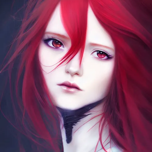 Image similar to facial portrait of a young pretty anime woman, long red hair, dark eyes, gothic eyeliner, character concept art, headshot, Charlie Bowater, Anna Dittmann, WLOP, Rumiko Takahashi, Akihiko Yoshida, Hyung-tae Kim, alexander mcqueen, trending on Artstation