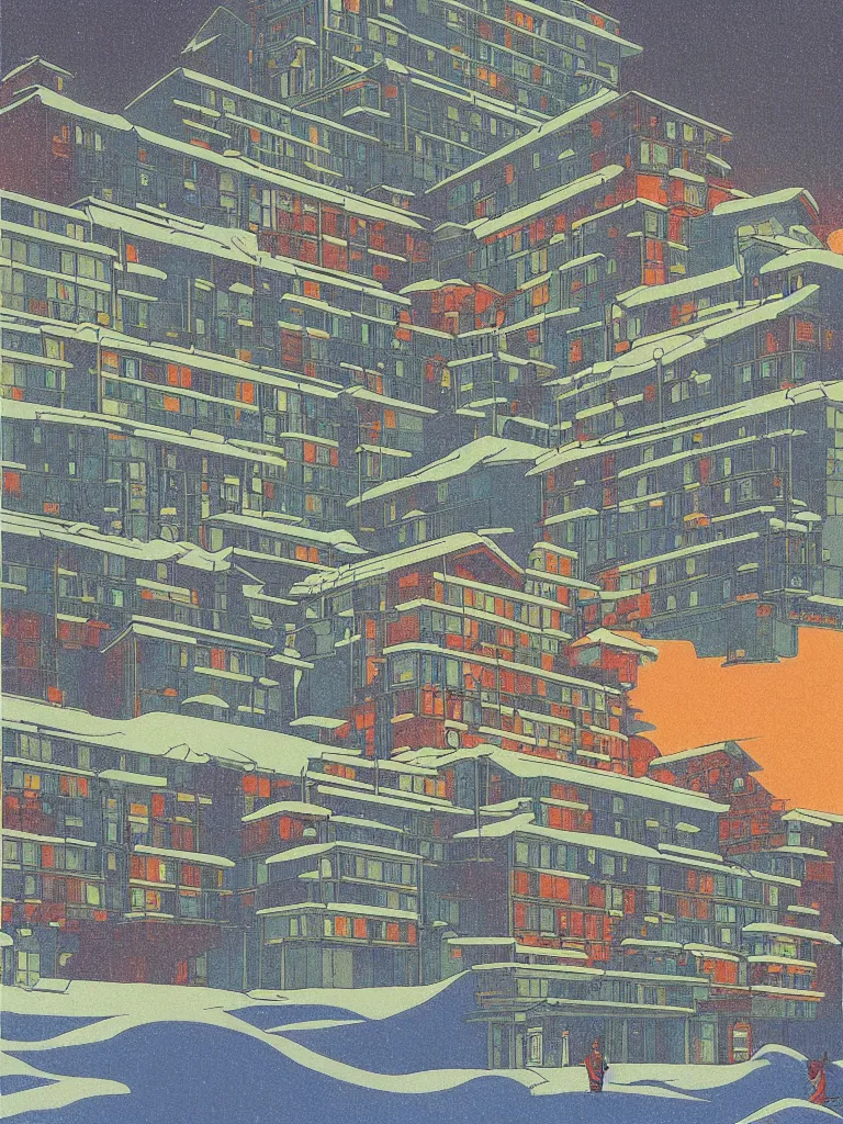 Image similar to a psychedelic hallucination of a brutalist hotel in the snowy mountains, by kawase hasui, moebius, edward hopper, colorful flat surreal design, dramatic lighting, hd, 8 k, artstation