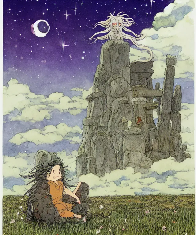 Image similar to a hyperrealist studio ghibli watercolor fantasy concept art. in the foreground is a giant long haired grey squid sitting in lotus position on top of stonehenge with shooting stars all over the sky in the background. by rebecca guay, michael kaluta, charles vess