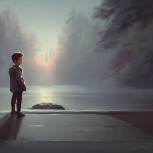 Image similar to a cute little boy wearing hoodie and waiting for his friends, full body, magical world, by greg rutkowski, sung choi, photo realistic, 8 k, cinematic lighting, hd, atmospheric, hyperdetailed, trending on artstation, devainart, digital painting, glow effect