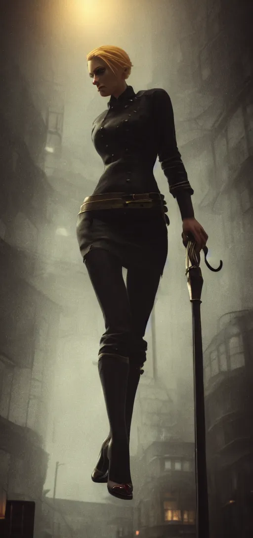 Prompt: portrait shot of beautiful annie leonhart on high heels in dunwall city, redshift render, beautiful face, detailed face, cinematic lighting, rainy weather, melancholy atmosphere, volumetric light, octane render, dishonored 1, gothic architecture, realistic reflections, octane render 8 k