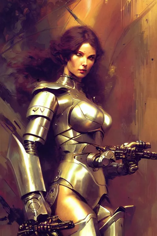 Image similar to futuristic women with medieval armor cyborg fighting dynamic poses, holding a gunsword, detail, beautifull face, no blur, painting by gaston bussiere, craig mullins, greg rutkowski, yoji shinkawa, sorayama