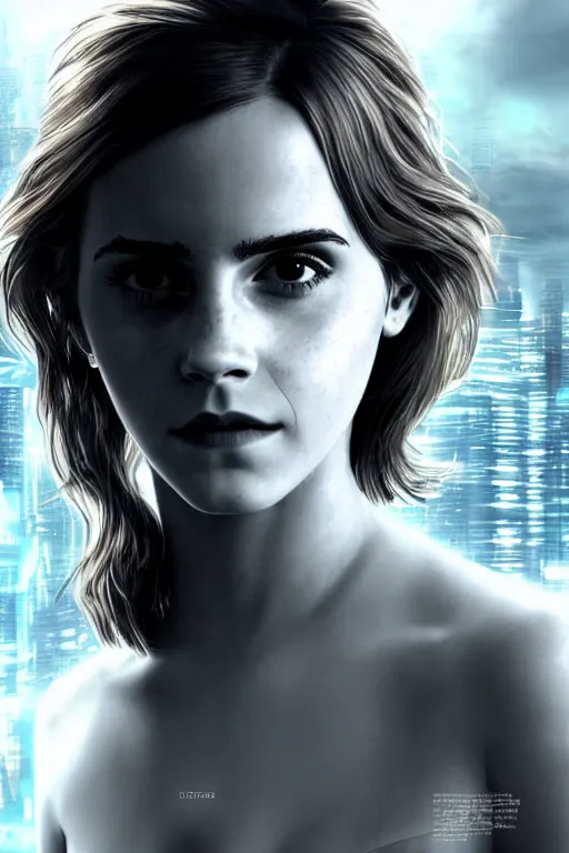 Image similar to Emma Watson, head and shoulders portrait, the background is a huge futuristic city, cyberpunk style futuristic neon lights, artstation cgsociety masterpiece highly-detailed