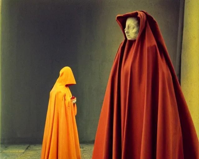 Prompt: by francis bacon, vivian maier, mystical redscale photography evocative. religious relics, priestess in red capirote
