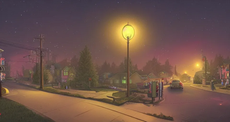 Image similar to a quaint suburban street at night inspired by simon stalenhag