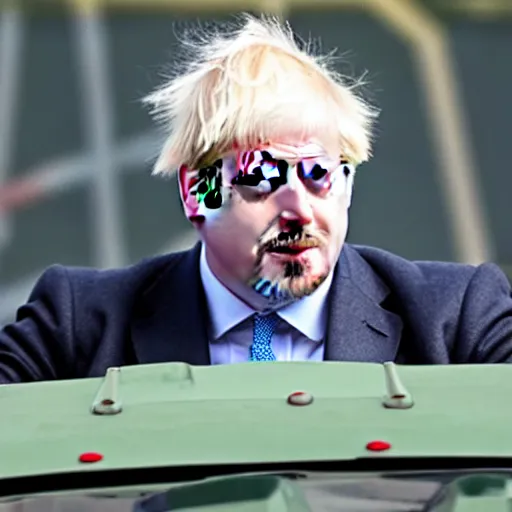 Image similar to A long shot of Boris Johnson in a tank, 4k, ultra HD