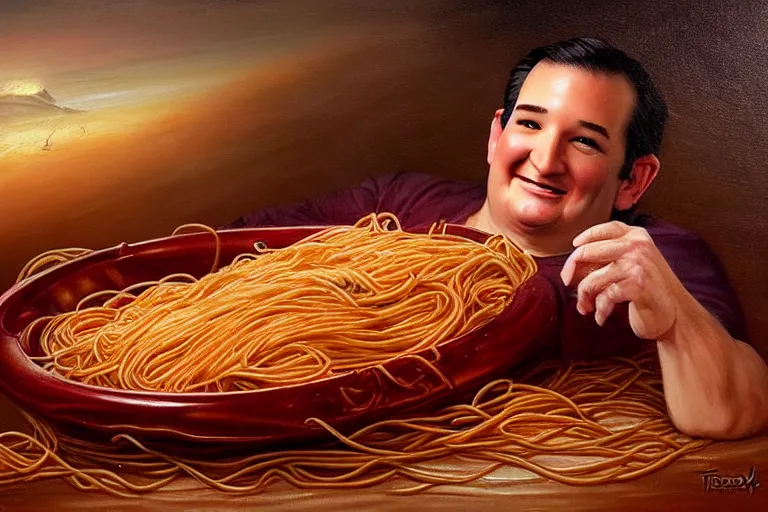 Image similar to portrait of ted cruz rolling around in spaghetti, an oil painting by ross tran and thomas kincade