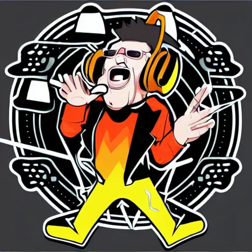 Image similar to svg vector sticker of absolutely insane-mad-scientist-villain, rocking out, wearing headphones, huge speakers, dancing, rave, DJ, spinning records, digital art, amazing composition, rule-of-thirds, award-winning, trending on artstation, featured on deviantart