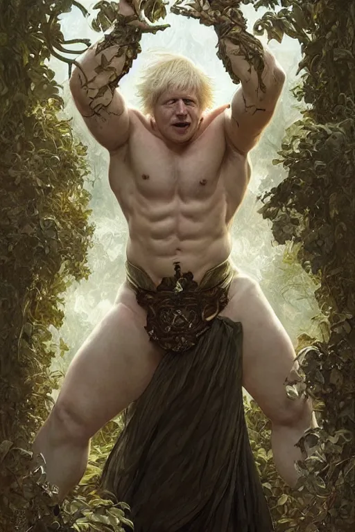 Image similar to portrait of boris johnson as a very pale hulking herculean demon, forest, godlike, full body, fantasy, intricate, elegant, highly detailed, digital painting, artstation, concept art, sharp focus, illustration, art by artgerm and greg rutkowski and alphonse mucha