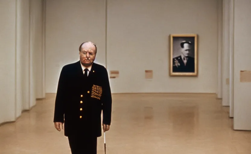 Image similar to 50s movie still close-up portrait of an elder soviet general walking in an empty museum, by David Bailey, Cinestill 800t 50mm eastmancolor, heavy grainy picture, very detailed, low quality video, 4k, HD criterion, precise texture and facial expression