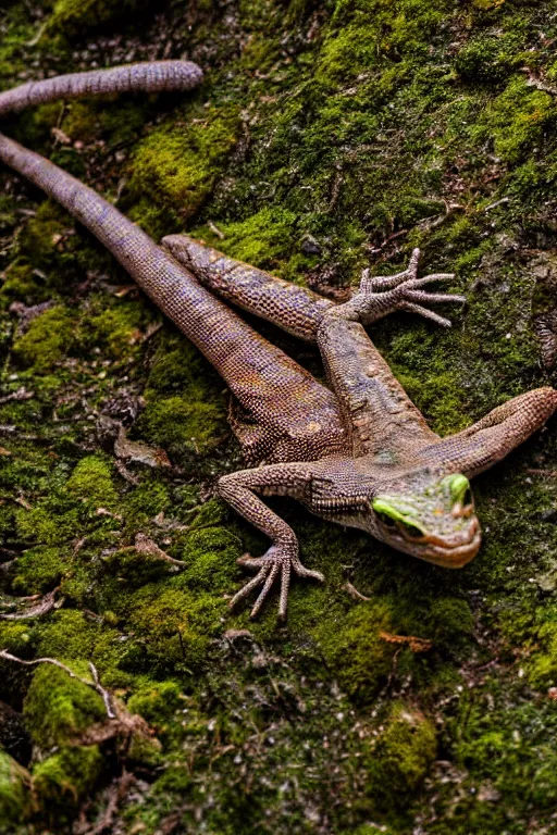 Image similar to a macro portrait photo of a gentleman lizard lounging on a moss covered rock, shiny scales, moss and vegetation, ancient forest, close - up, intricate details, intricately detailed textures, warm lighting, vivid colors, smoke and mist, hyper realistic octane render, volumetric shading, depth of field, raytracing, 8 k,