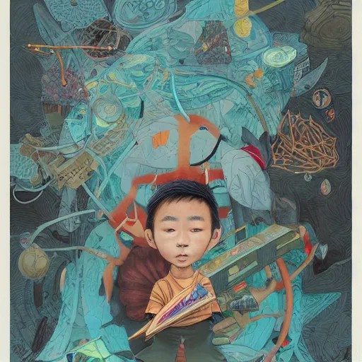 Image similar to an asian kid named joshua who speaks like a mushroom and likes to play video games and calculus problems for fun, an ultrafine detailed painting by james jean, behance contest winner, vanitas, angular, altermodern