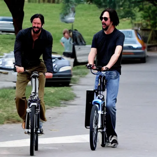 Image similar to Keanu Reeves eating ice cream on a bicycle