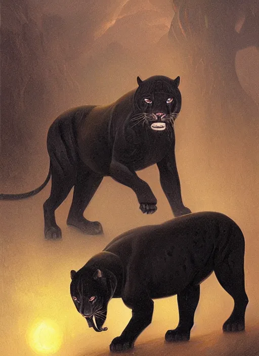 Image similar to a beautiful black jaguar walking in the jungle at night, art by christophe vacher