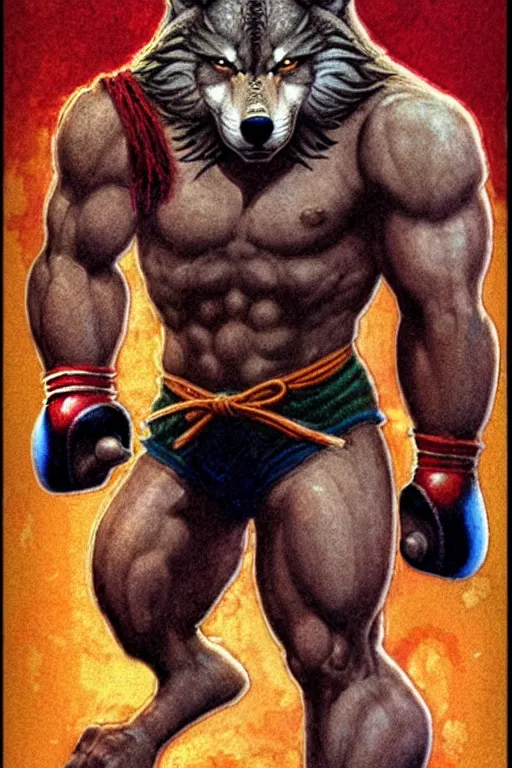 Image similar to extreme long shot. 8 bit nes graphics. antropomorphic muscular masculine wolf. kickboxer fighter, in shorts. wolf head. fine details, art from nes game cartridge, marc simonetti and hermann nitsch