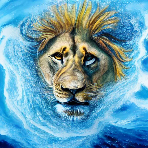 Image similar to a male lion's face breaching through a wall of water, water sprites, splashing, deep blue water color, highly detailed