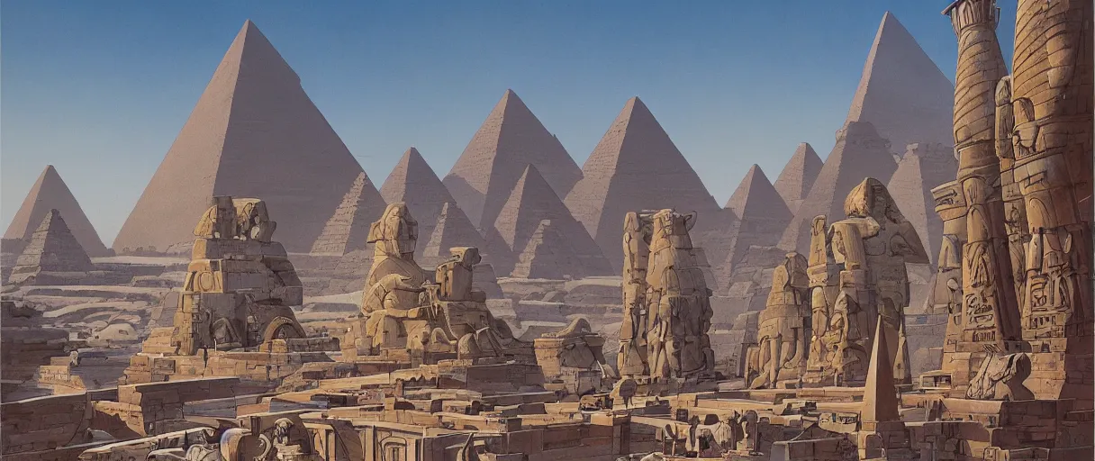 Prompt: A beautiful illustration of an Egyptian River city guarded by massive statues of anthropomorphic Feline gods by Robert McCall and Ralph McQuarrie | sparth:.2 | Time white:.2 | Rodney Matthews:.2 | Graphic Novel, Visual Novel, Colored Pencil, Comic Book:.1 | unreal engine:.3 | establishing shot:.7