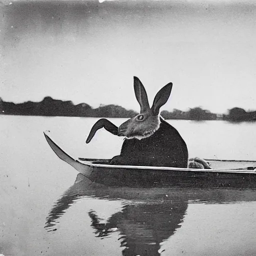 Prompt: a victorian photograph of a white rabbit on a rowboat