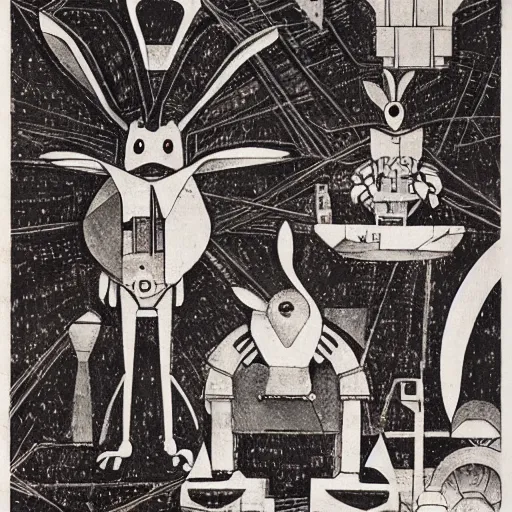 Image similar to rabbit robots. graphical work by anatoly fomenko and bilibin and giger and lissitzky