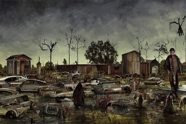 Image similar to scene from louisiana swamps, graveyard, portrait, canibal cult, old protestant church with neon satanic pentagram, junkyard by the road, boy scout troop, voodoo artwork by tim eitel