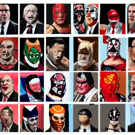 Image similar to All of the world leaders as wrestlers with silly outfits, jumping into the wrestling ring to fight, intricate, highly detailed, concept art, smooth, sharp focus