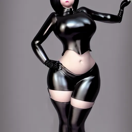Prompt: curvy feminine goth bombshell in an elaborate polished black-silver latex outfit, thin waist, cgsociety, photorealistic, sublime ambience, idealistic, 16k, smooth, sharp focus, trending on ArtStation, volumetric lighting