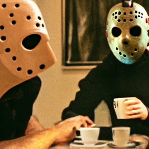 Image similar to photograph of jason voorhees having a coffee at an european caffé