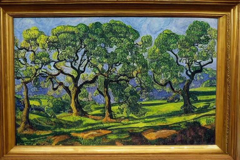 Image similar to masterpiece painting of oak trees on a hillside overlooking a creek, dramatic lighting, by arthur lismer