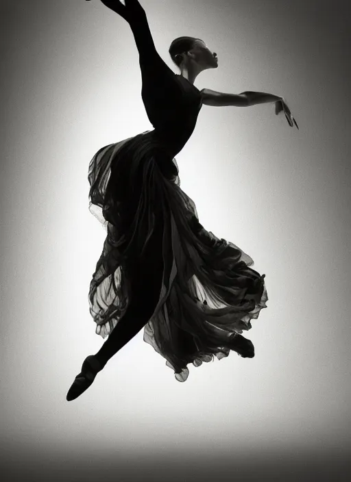 Image similar to a photorealistic dramatic hyperrealistic render photography of a glamorous beautiful female dancer by ken brower and deborah ory of nyc dance project, lois greenfield, flowing cloth and smoke, beautiful dynamic dramatic dark moody lighting, beautiful intricate face, volumetric, shadows, artgerm, alphonse mucha, cinematic atmosphere, octane render, 8 k