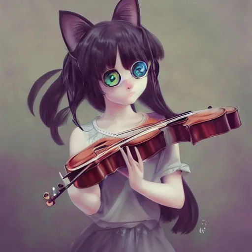 Prompt: Adorable Cat girl, Luminescent eyes, playing the violin, highly detailed, by Range Murata, artgerm, digital illustration, beautiful, concept art