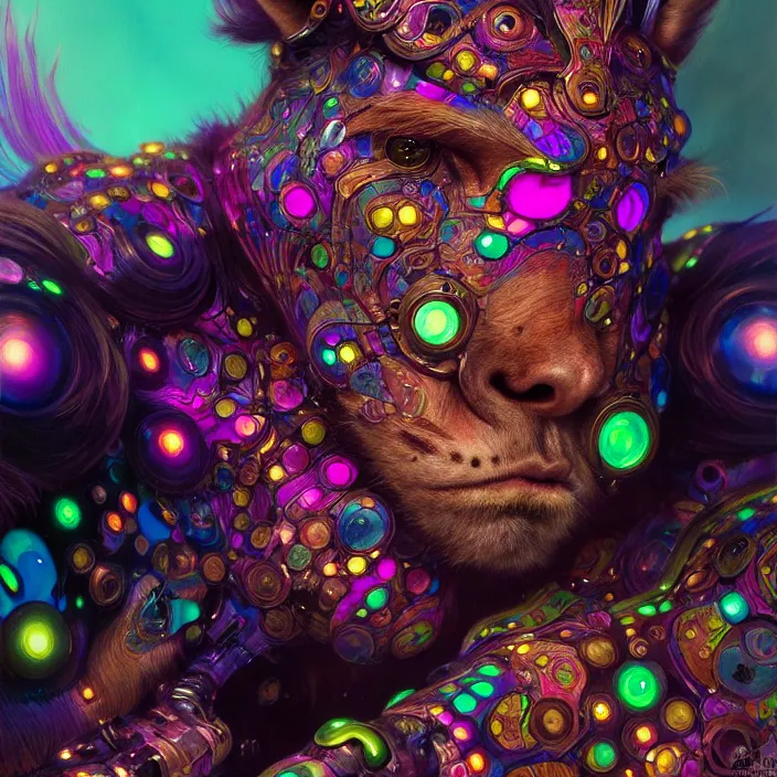 Image similar to bright psychedelic hairy animal cyborg, diffuse lighting, fantasy, intricate, elegant, highly detailed, lifelike, photorealistic, digital painting, artstation, illustration, concept art, smooth, sharp focus, art by John Collier and Albert Aublet and Krenz Cushart and Artem Demura and Alphonse Mucha