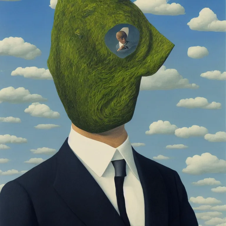 Prompt: portrait of a faceless fish - head man in a suit, clouds in the background, by rene magritte, detailed painting, distance, centered, hd, hq, high resolution, high detail, 4 k, 8 k