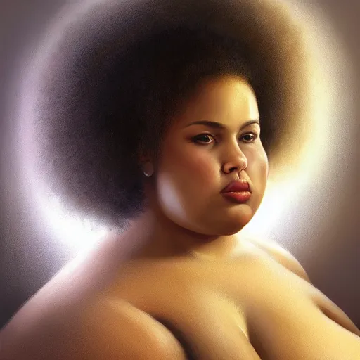 Image similar to beautiful oil painting of a fat mixed woman with an afro, beautiful eyes, artstation, volumetric lights, highly detailed, concept art, sharp focus, beautiful face