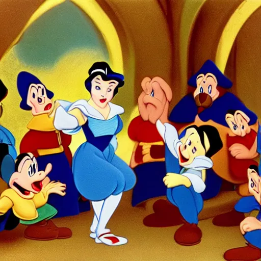 Prompt: Snow White and the Seven Dwarfs in 1938, Walt Disney