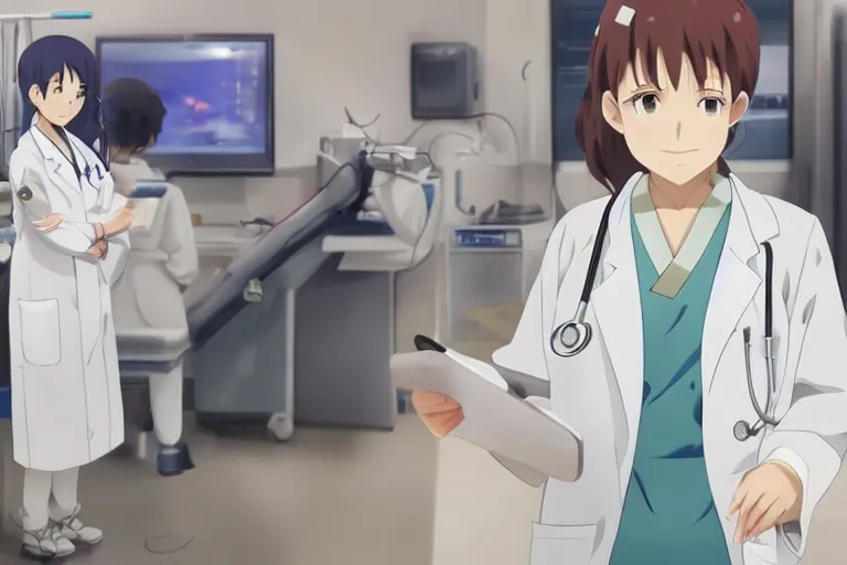 Image similar to a cute young female doctor wearing white coat are working in an emergency room , slice of life anime, cinematic, lighting, 8kHDR, anime scenery by Makoto shinkai