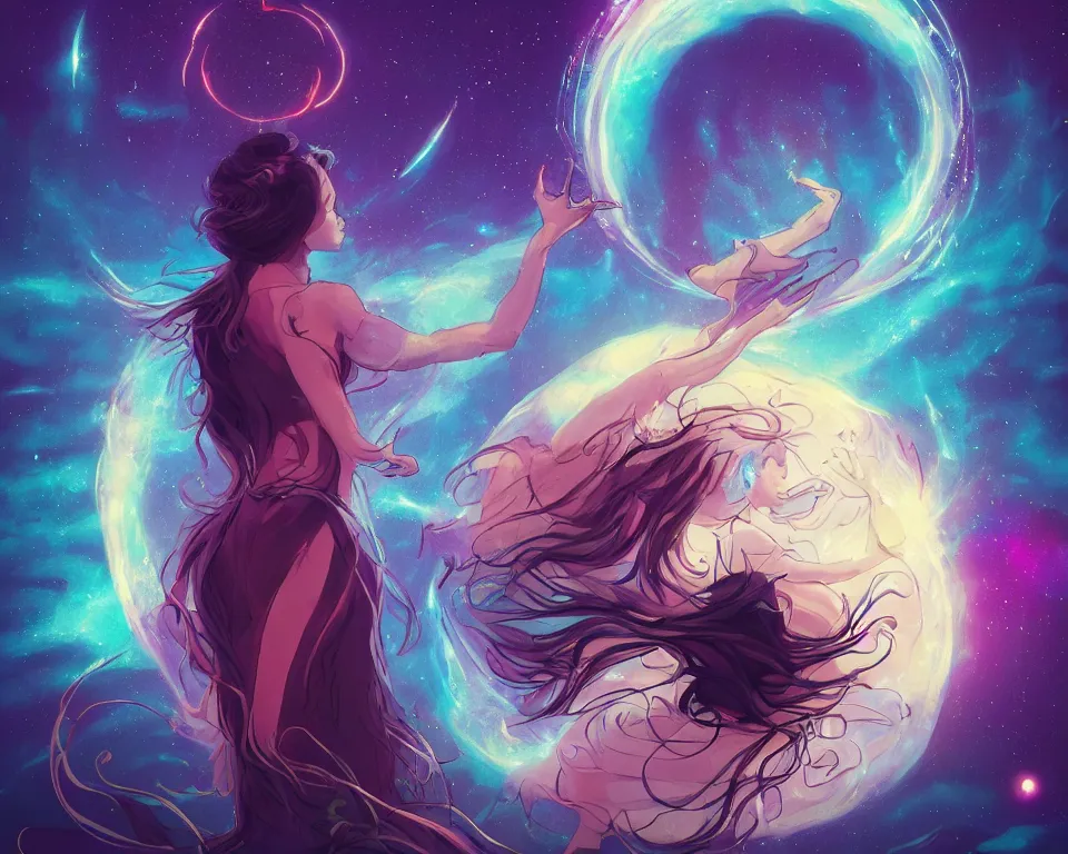 Image similar to a beautiful whimsical goddess floating above a lake basking in the moonlight, firebending, underneath a multi-colored binary blackhole with an accretion disc, glowing trails following her arms, wearing professional makeup, synthwave, by Lois van Baarle, by Greg Rutkowski, by artgerm, by beeple, by studio ghibli, cinematic angle, volumetric lighting, 4k resolution, octane render, trending on artstation, masterpiece