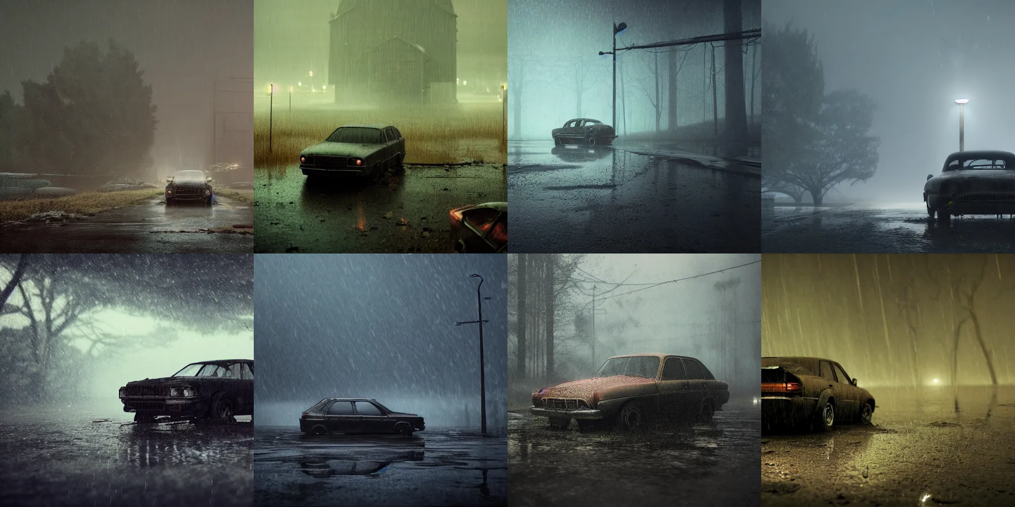 Prompt: beautiful dark creepy rainy wet landscape, old abandoned car sinking, in the style of beeple and Mike Winkelmann, intricate, epic lighting, cinematic composition, hyper realistic, 8k resolution, unreal engine 5,