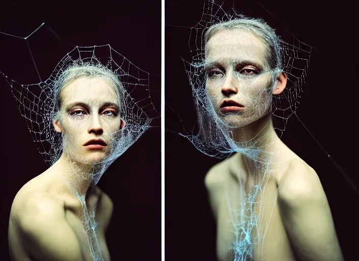 Image similar to Kodak Portra 400, 8K, soft light, volumetric lighting, highly detailed, britt marling style 3/4 , fine art portrait photography of a beautiful woman by Paolo Roversi, face and body merging with luminescent spiderwebs, symbolic metamorphosis complex 3d render , 150 mm lens, art nouveau fashion embroidered,bust with intricate details, elegant, hyper realistic, ultra detailed, octane render, underwater soft colours, emotionally evoking, head in focus, fantasy, elegant, soft blur background light, volumetric lighting, highly detailed, Refined, Highly Detailed, soft lighting colors scheme, fine art photography, Hyper realistic, photo realistic