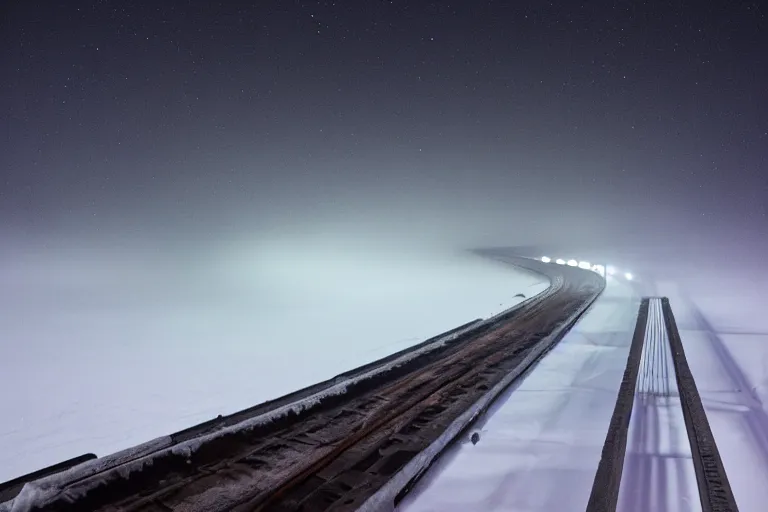 Prompt: A frozen conveyor belt in Porsgrunn, foggy night-time landscape photo