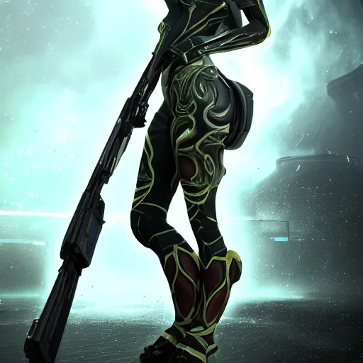 Image similar to photograph of female Saryn!!!!!!!!!!!! warframe holding a rifle!!!!!!!, 8k resolution, high detail, ULTRA REALISTIC VFX, reflections