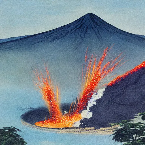 Prompt: volcano eruption, artwork by hiroshi yoshida