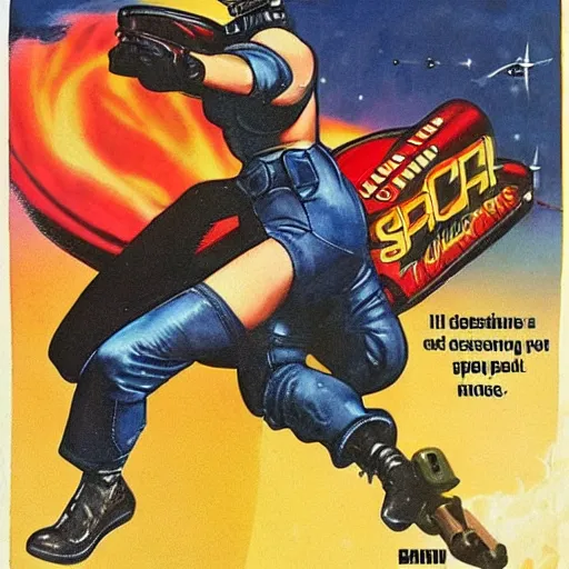 Image similar to pin-up art of a space marine rying a nuclear bomb