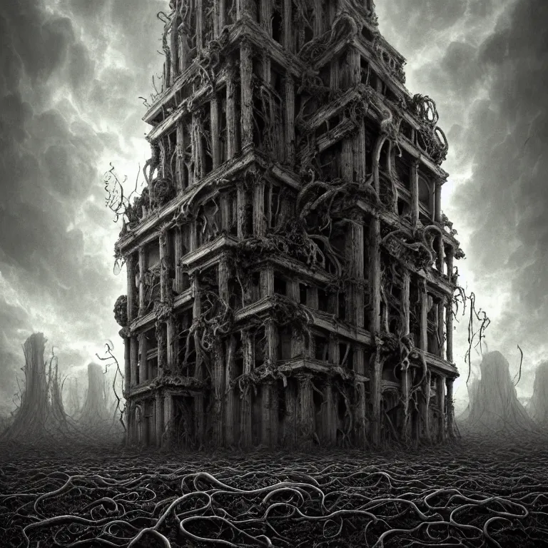 Image similar to ribbed surreal melting abandoned giant building, baroque painting, covered with tentacles, roots, standing in a desolate empty wasteland, creepy, nightmare, dream-like heavy atmosphere, surreal abandoned buildings, beautiful detailed intricate insanely detailed octane render trending on Artstation, 8K artistic photography, photorealistic, chiaroscuro, Raphael, Caravaggio, Beksinski, Giger