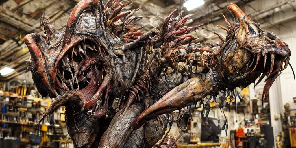 Image similar to photo taken of an epic intricate, ultra detailed, super realistic gritty, hero prop, exquisitely painted animatronic movie prop of a grotesque nightmarish hellish alien creature displayed in the workshop, created by weta workshop, full body shot, photorealistic, sharp focus