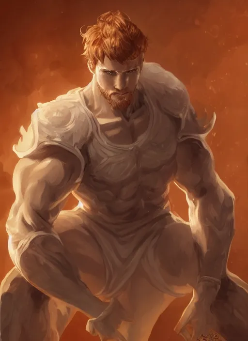 Prompt: a highly detailed illustration of short ginger haired man wearing white suit, dramatic holding book pose, muscular, intricate, elegant, highly detailed, centered, digital painting, artstation, concept art, smooth, sharp focus, league of legends concept art, WLOP