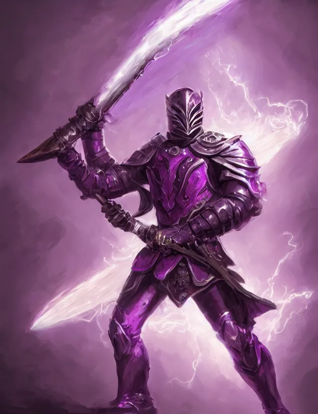 Image similar to a masked warrior in purple armour glowing violet, wielding a large purple sword that flashes with lightning, by frank fazetta and peter mohrbacher, trending on artstation, digital art, 4 k resolution, detailed, high quality, hq artwork, coherent, insane detail, concept art, character concept, character full body portrait